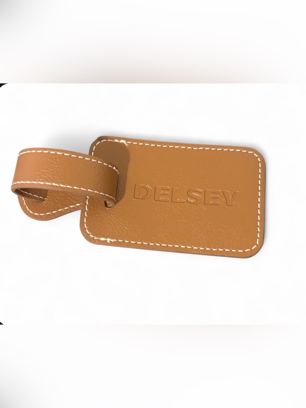 Delsey Tan Leather Luggage Tag with White Stitching